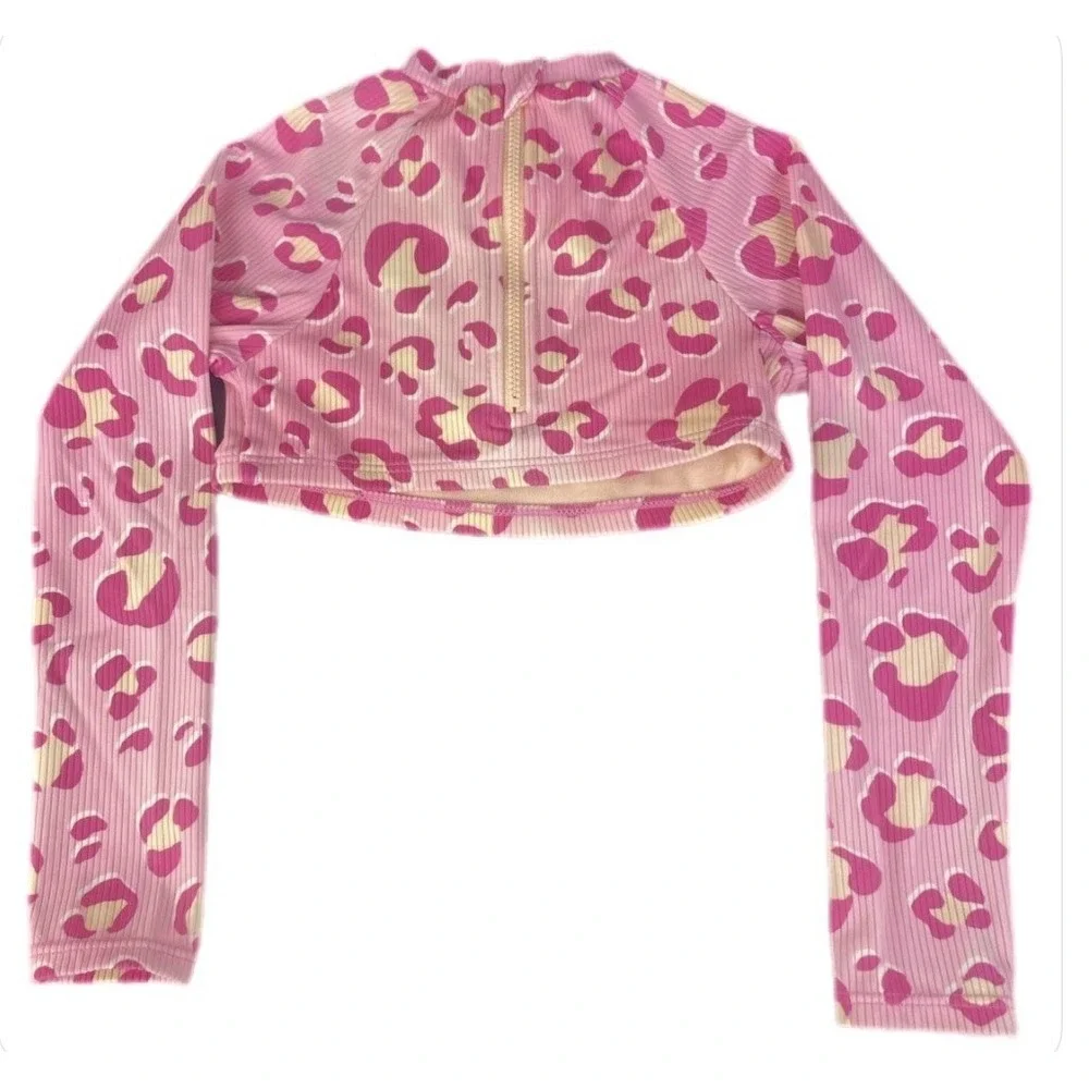Cat & Jack Rash Guard Girls XS 4/5 Pink Leopard Ribbed Long Sleeve Swim Top‎